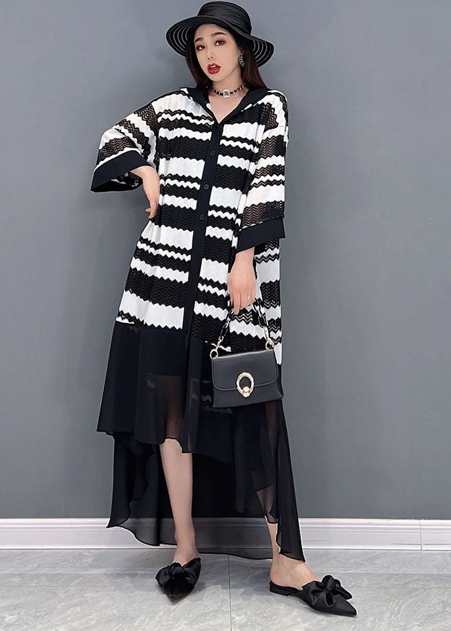 Loose Black Hooded Striped Print Low High Design Tulle Vacation UPF 50+ Dresses Bracelet Sleeve - Image 3