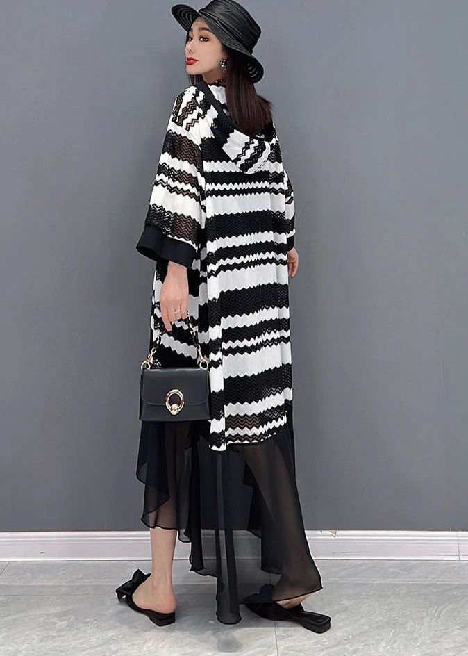 Loose Black Hooded Striped Print Low High Design Tulle Vacation UPF 50+ Dresses Bracelet Sleeve - Image 4
