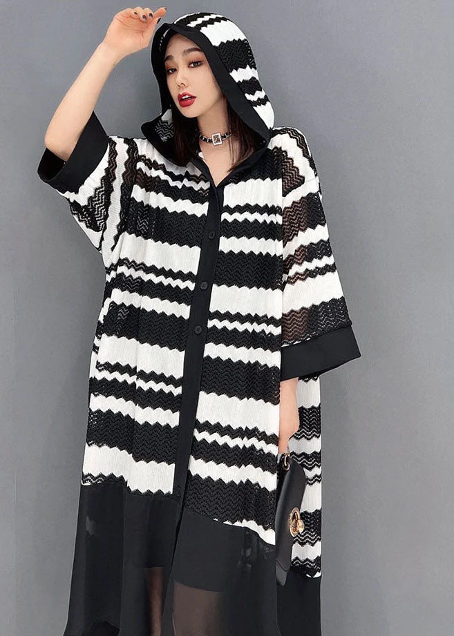 Loose Black Hooded Striped Print Low High Design Tulle Vacation UPF 50+ Dresses Bracelet Sleeve - Image 5