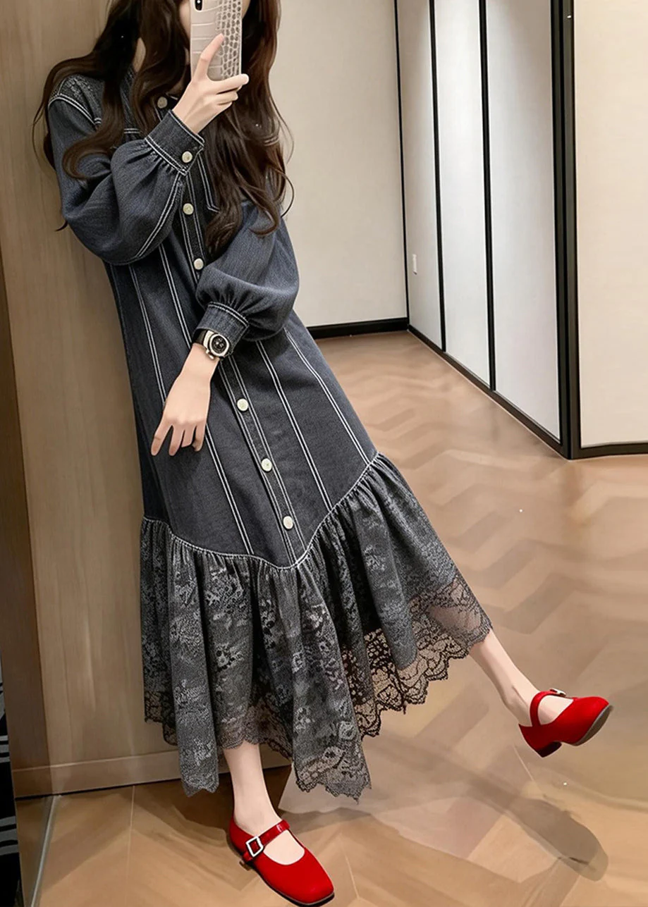 Loose Black Lace Patchwork Denim Vacation Dresses Spring - Image 2