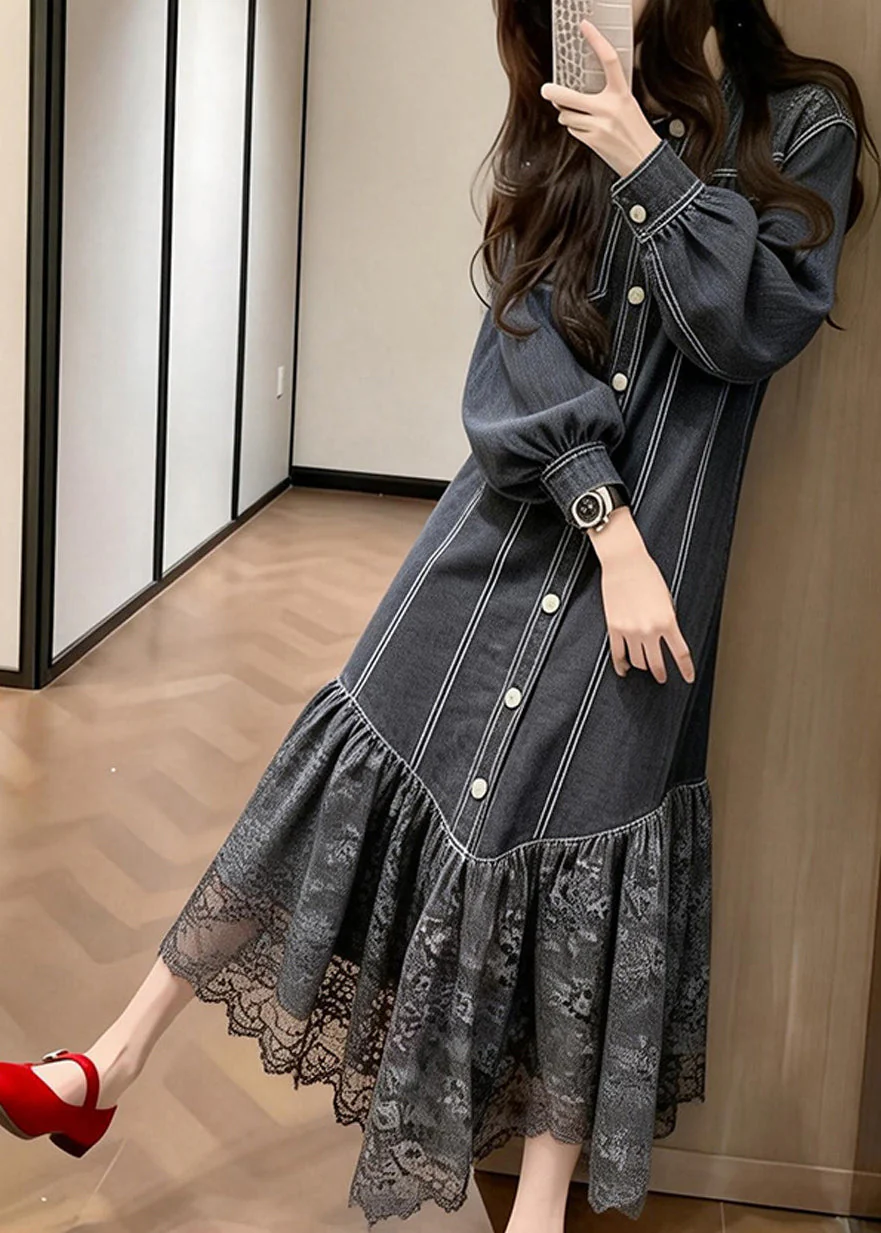 Loose Black Lace Patchwork Denim Vacation Dresses Spring - Image 3