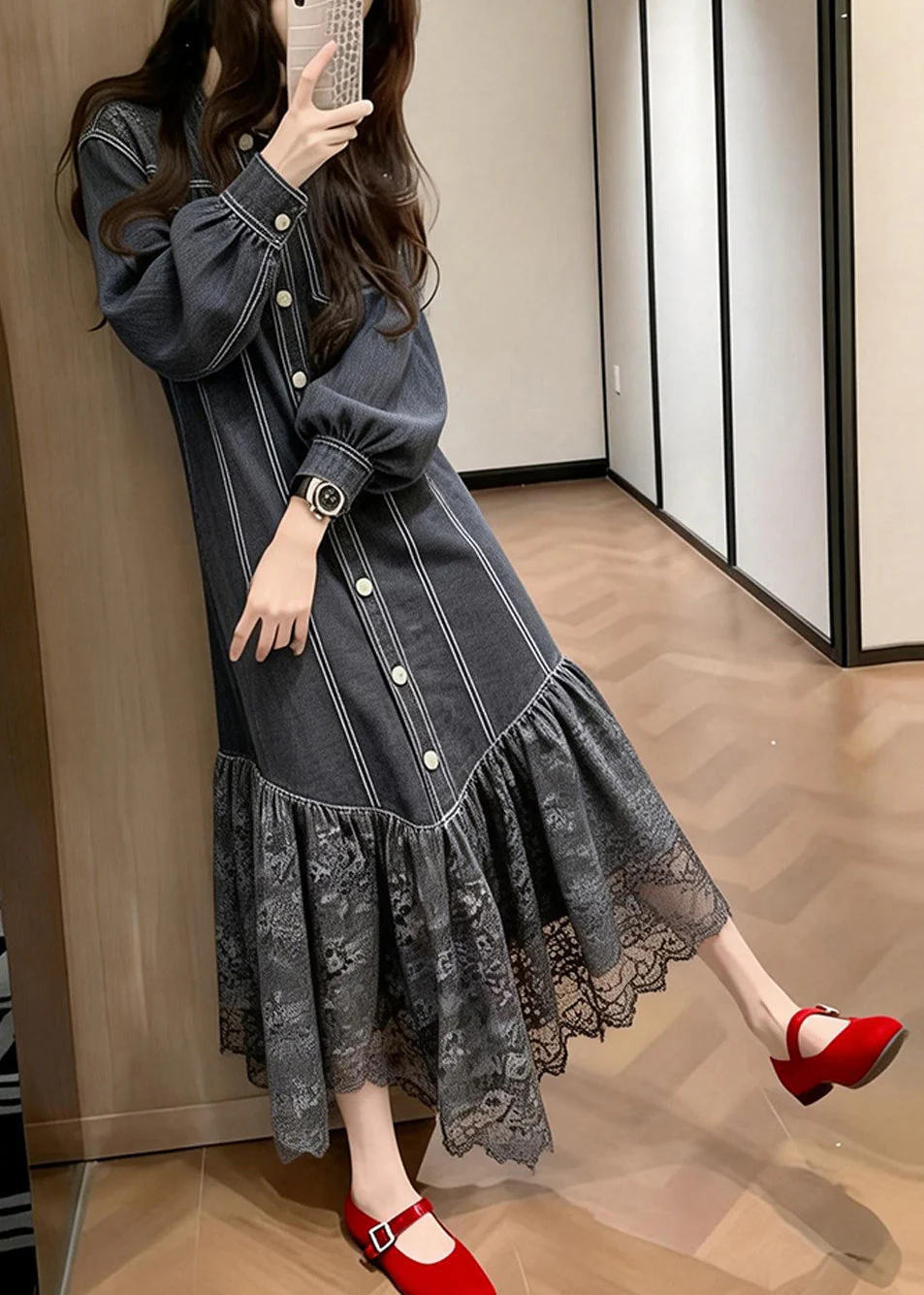 Loose Black Lace Patchwork Denim Vacation Dresses Spring - Image 4