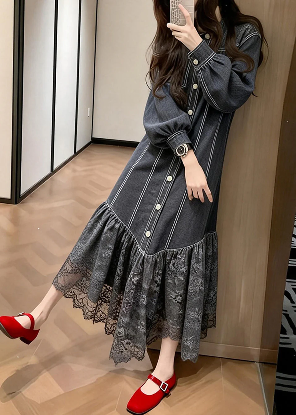 Loose Black Lace Patchwork Denim Vacation Dresses Spring - Image 5