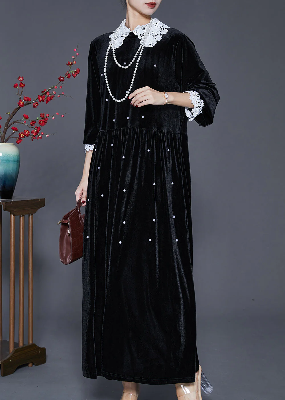 Loose Black Lace Patchwork Nail Bead Silk Velvet Long Dresses Spring - Image 3