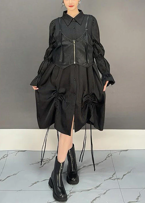 Loose Black Lace Up Waistcoat And Shirts Dresses Cotton Two Pieces Set Butterfly Sleeve - Image 2