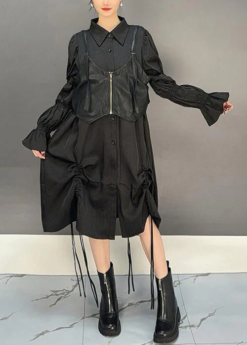 Loose Black Lace Up Waistcoat And Shirts Dresses Cotton Two Pieces Set Butterfly Sleeve - Image 3