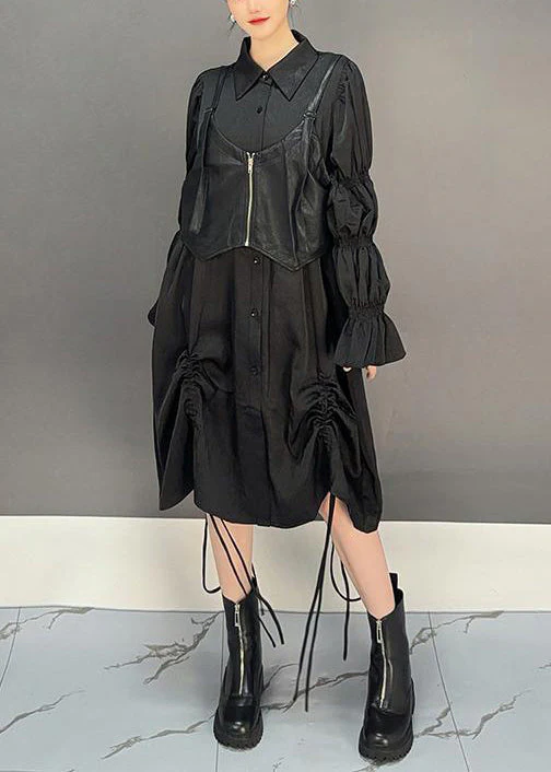 Loose Black Lace Up Waistcoat And Shirts Dresses Cotton Two Pieces Set Butterfly Sleeve - Image 4