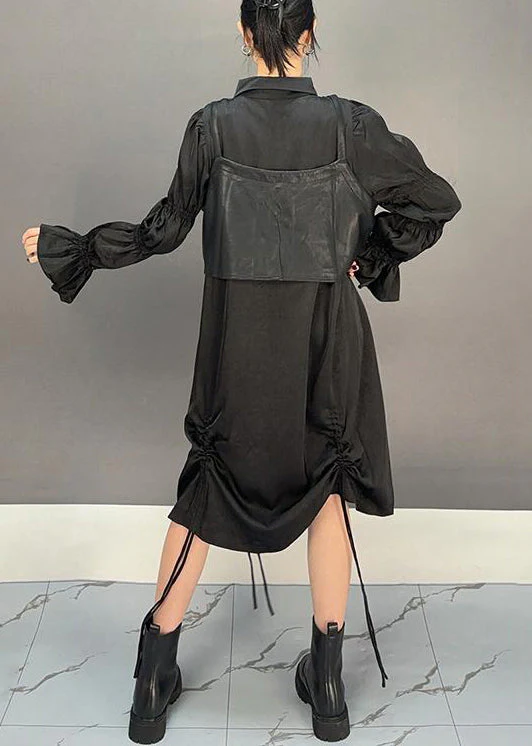 Loose Black Lace Up Waistcoat And Shirts Dresses Cotton Two Pieces Set Butterfly Sleeve - Image 5