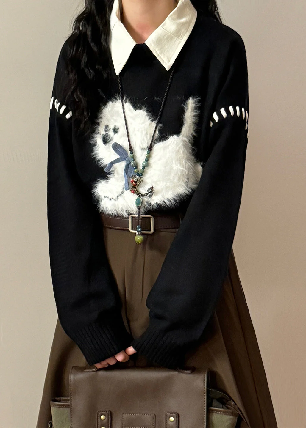 Loose Black O Neck Animal Patchwork Sweaters Spring - Image 3