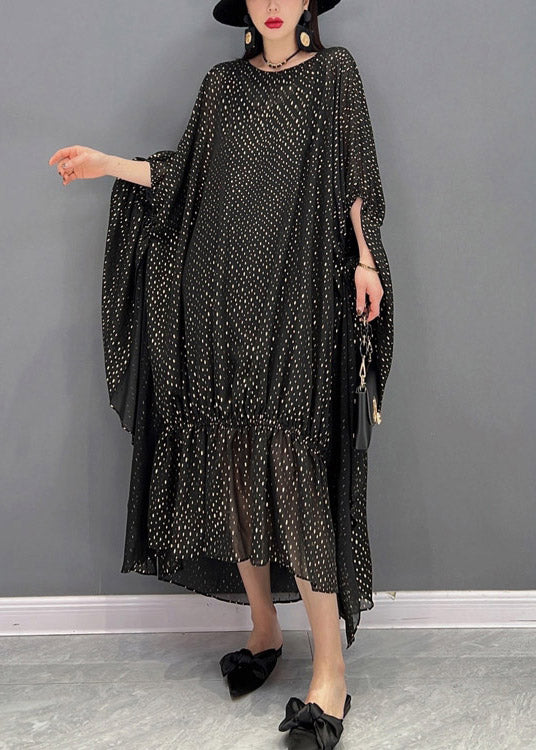 Loose Black O-Neck Asymmetrical Dot Chiffon Vacation Dresses Batwing Sleeve - Image 2