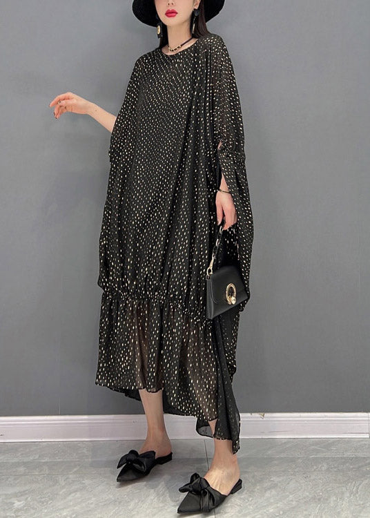Loose Black O-Neck Asymmetrical Dot Chiffon Vacation Dresses Batwing Sleeve - Image 3