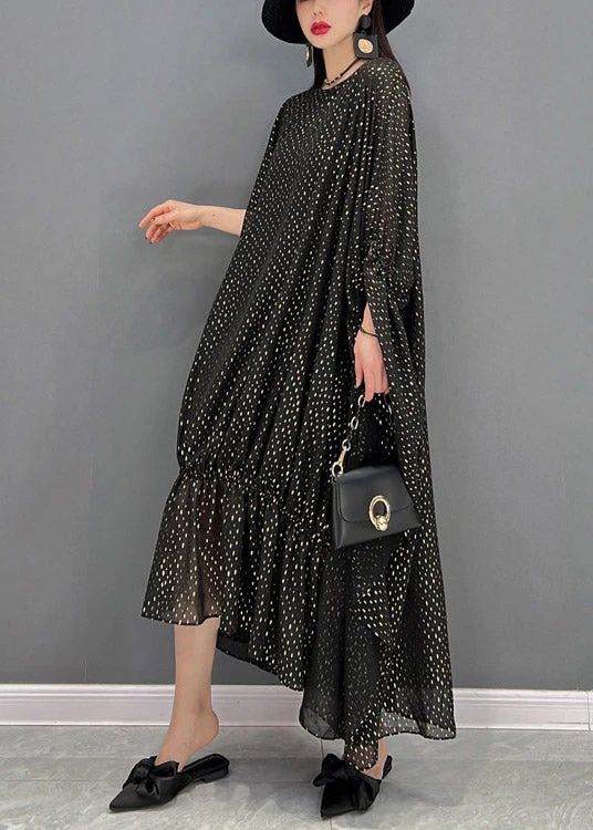 Loose Black O-Neck Asymmetrical Dot Chiffon Vacation Dresses Batwing Sleeve - Image 4