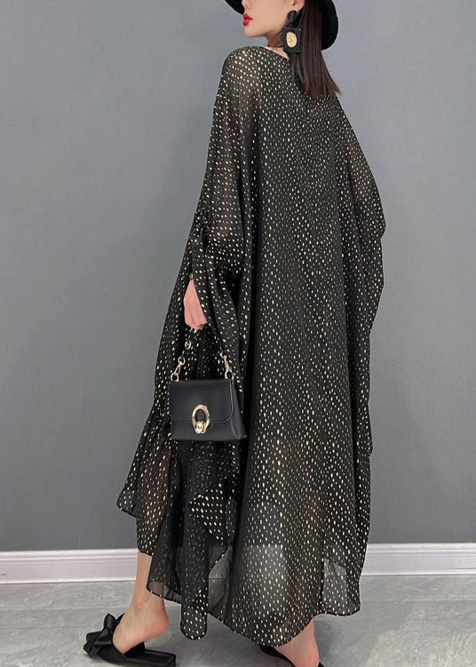 Loose Black O-Neck Asymmetrical Dot Chiffon Vacation Dresses Batwing Sleeve - Image 5