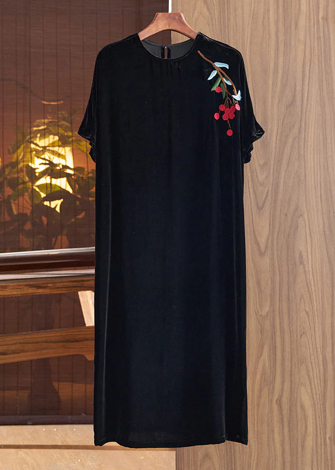 Loose Black O Neck Print Silk Velour Dresses Fall - Image 2