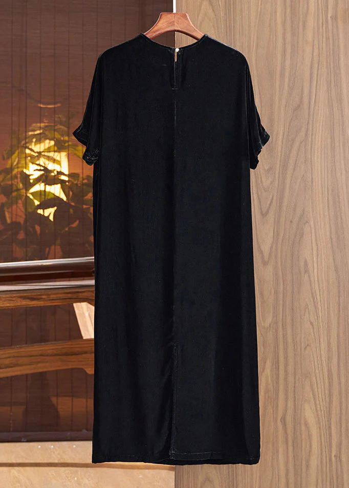Loose Black O Neck Print Silk Velour Dresses Fall - Image 3