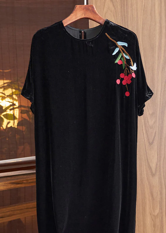 Loose Black O Neck Print Silk Velour Dresses Fall - Image 4