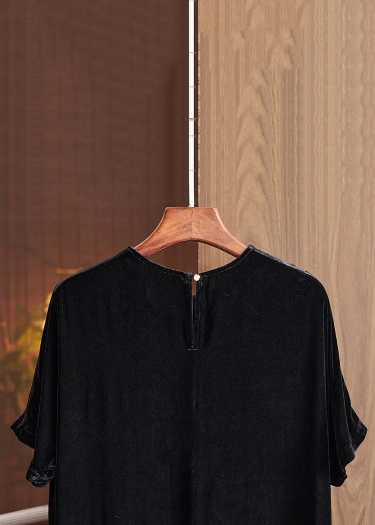 Loose Black O Neck Print Silk Velour Dresses Fall - Image 5