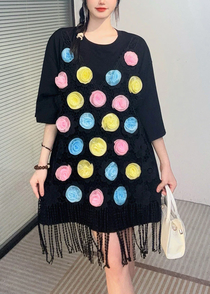 Loose Black O-Neck Lace Patchwork Mid T Shirt Dresses Summer - Image 3