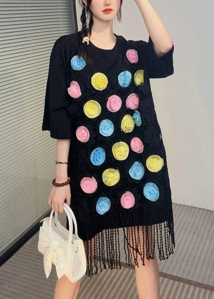 Loose Black O-Neck Lace Patchwork Mid T Shirt Dresses Summer - Image 4