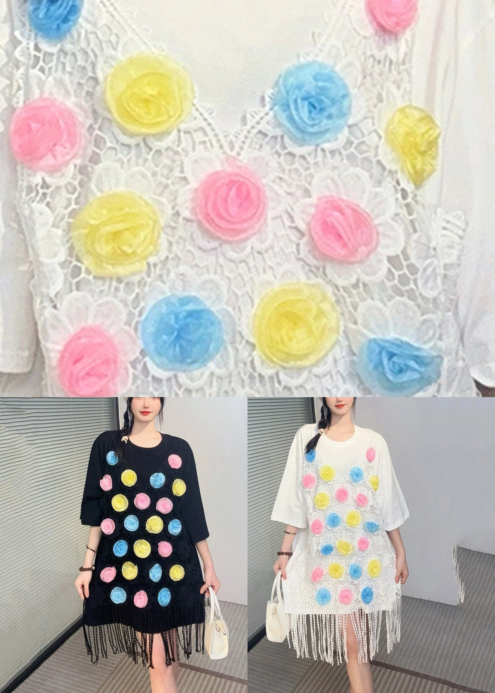 Loose Black O-Neck Lace Patchwork Mid T Shirt Dresses Summer - Image 5