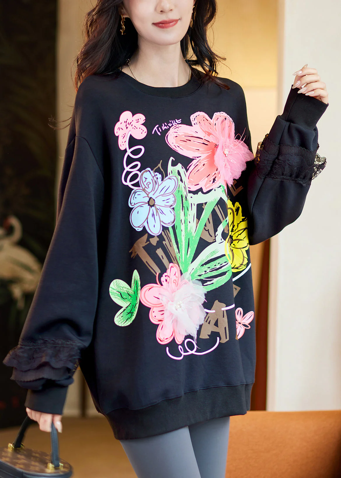 Loose Black O-Neck Lace Patchwork Sweatshirt Fall - Image 3