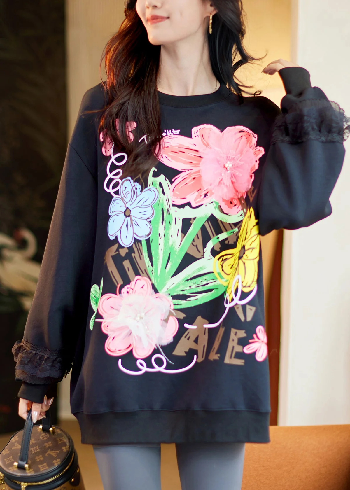 Loose Black O-Neck Lace Patchwork Sweatshirt Fall - Image 4