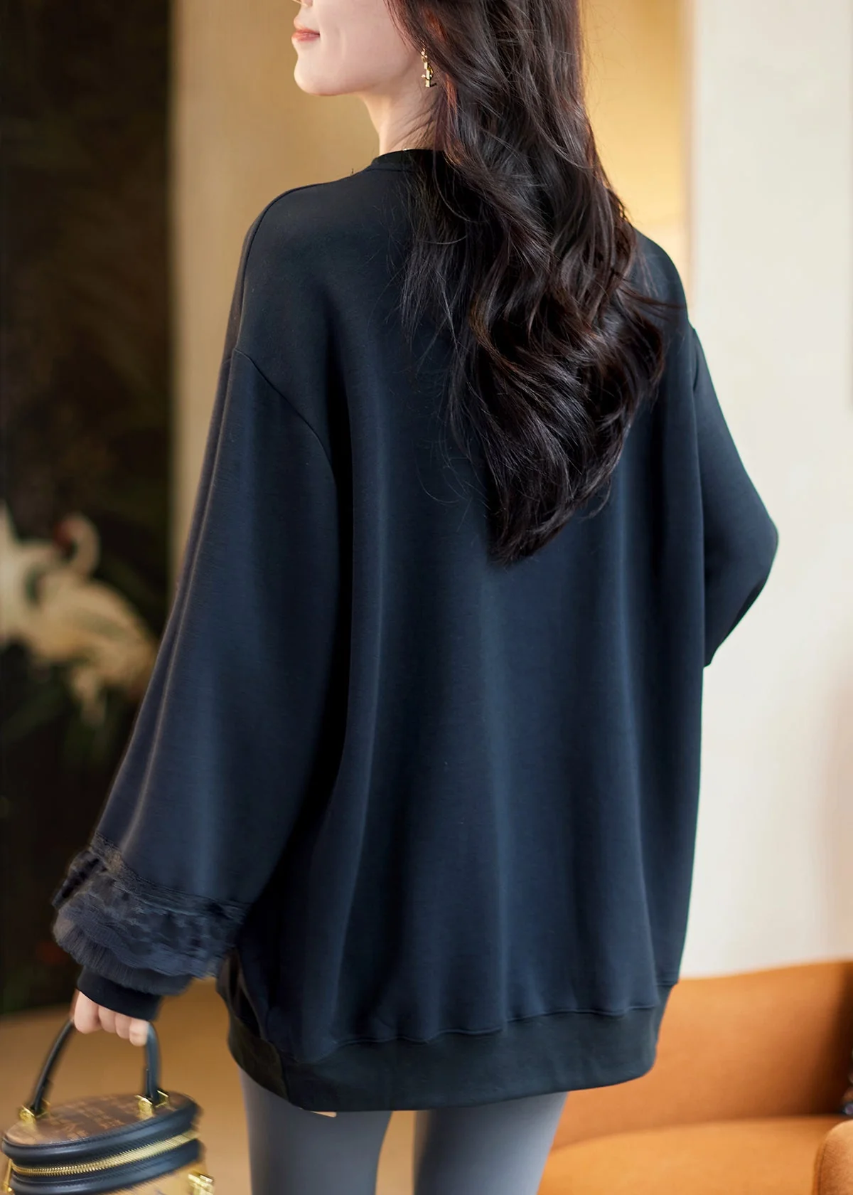 Loose Black O-Neck Lace Patchwork Sweatshirt Fall - Image 5