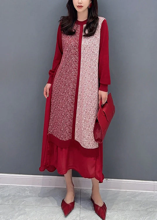 Loose Black O Neck Lace Up Chiffon Patchwork Dress Long Sleeve - Image 2