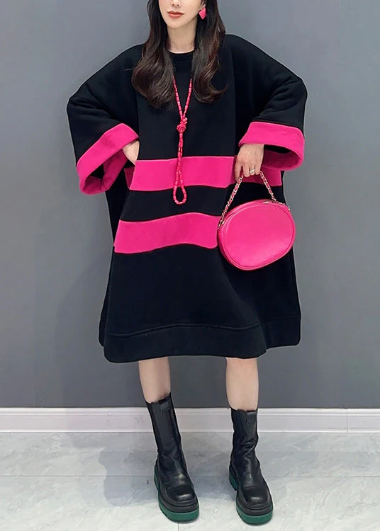 Loose Black O Neck Patchwork Cotton Mid Dress Spring - Image 2