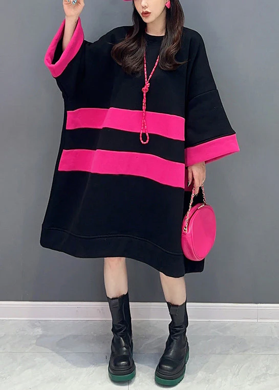 Loose Black O Neck Patchwork Cotton Mid Dress Spring - Image 3
