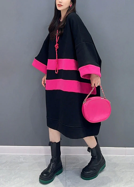Loose Black O Neck Patchwork Cotton Mid Dress Spring - Image 4