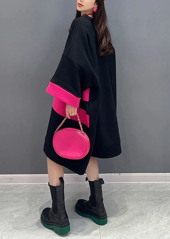 Loose Black O Neck Patchwork Cotton Mid Dress Spring - Image 5