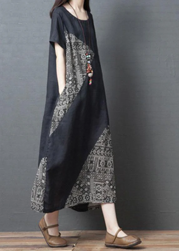 Loose Black O-Neck Patchwork Pockets Summer Holiday Dress Short Sleeve - Image 2