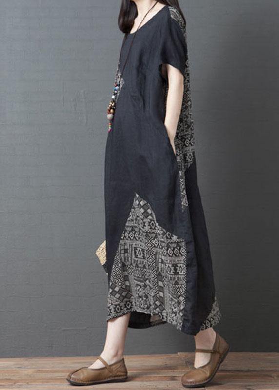 Loose Black O-Neck Patchwork Pockets Summer Holiday Dress Short Sleeve - Image 3