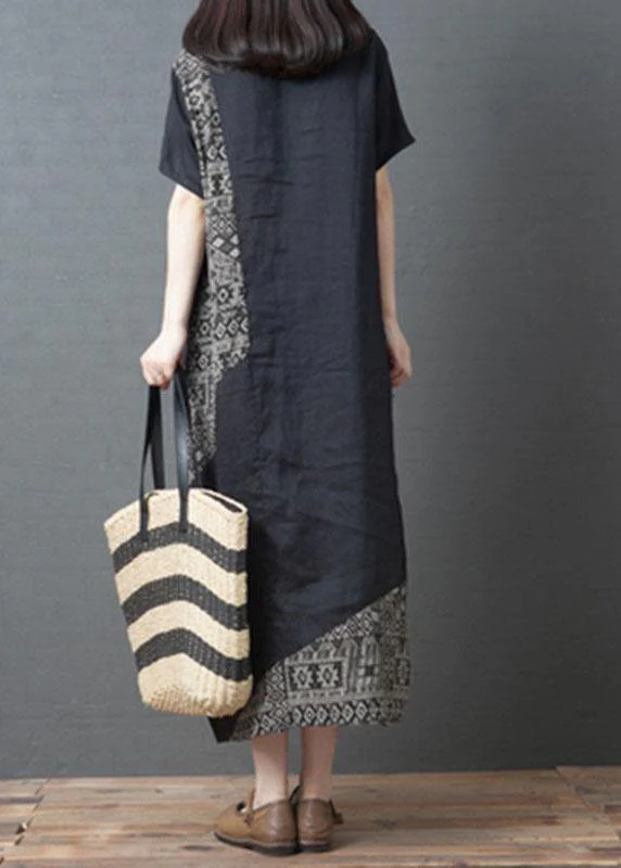 Loose Black O-Neck Patchwork Pockets Summer Holiday Dress Short Sleeve - Image 4