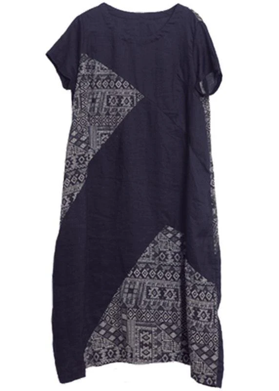 Loose Black O-Neck Patchwork Pockets Summer Holiday Dress Short Sleeve - Image 5