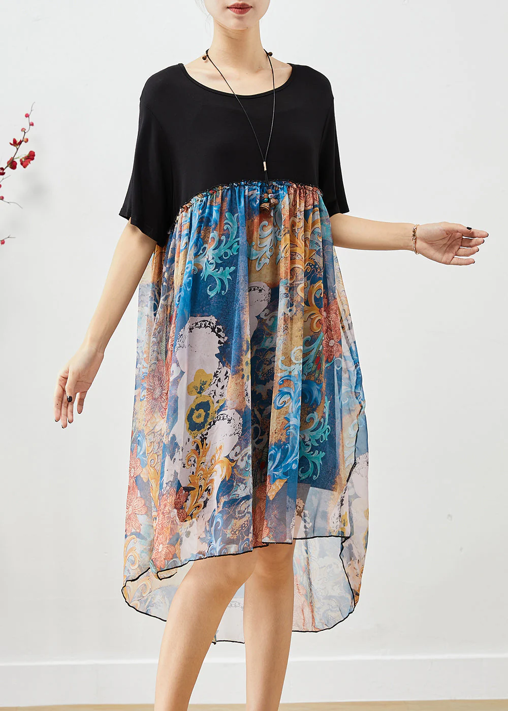 Loose Black O-Neck Patchwork Print Chiffon Beach Dress Summer - Image 3
