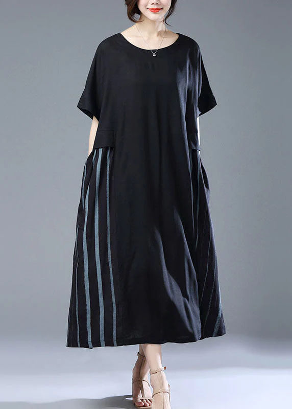 Loose Black O Neck Pockets Patchwork Cotton Long Dress Summer - Image 2