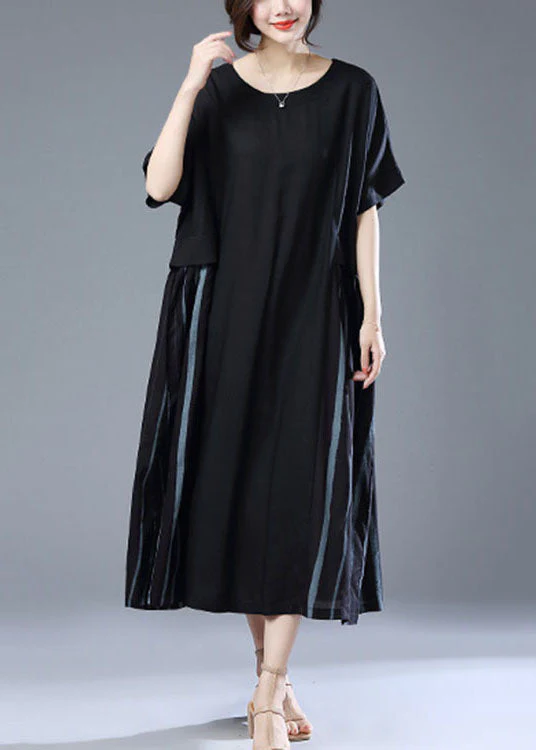 Loose Black O Neck Pockets Patchwork Cotton Long Dress Summer - Image 3