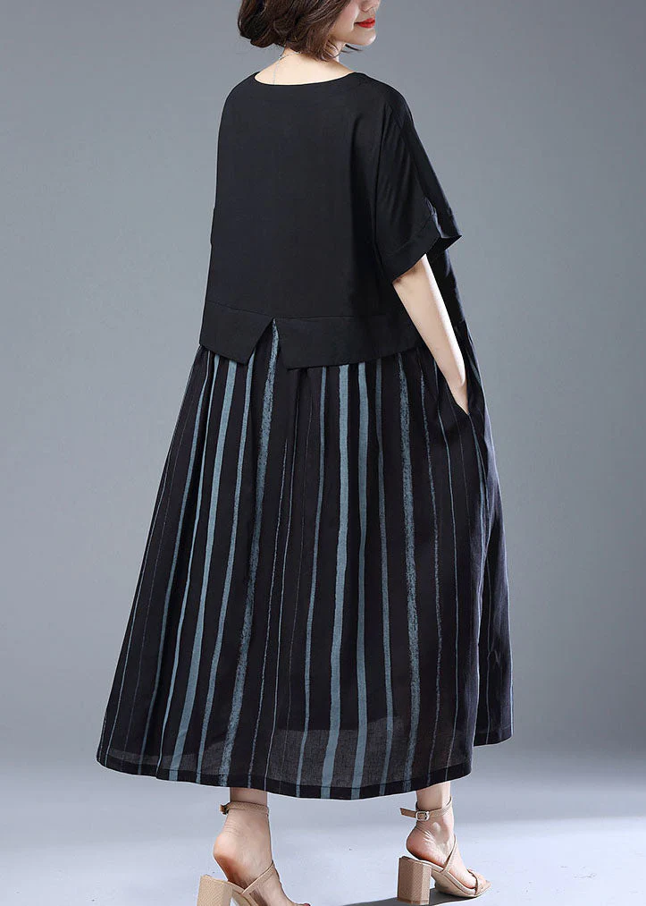 Loose Black O Neck Pockets Patchwork Cotton Long Dress Summer - Image 5