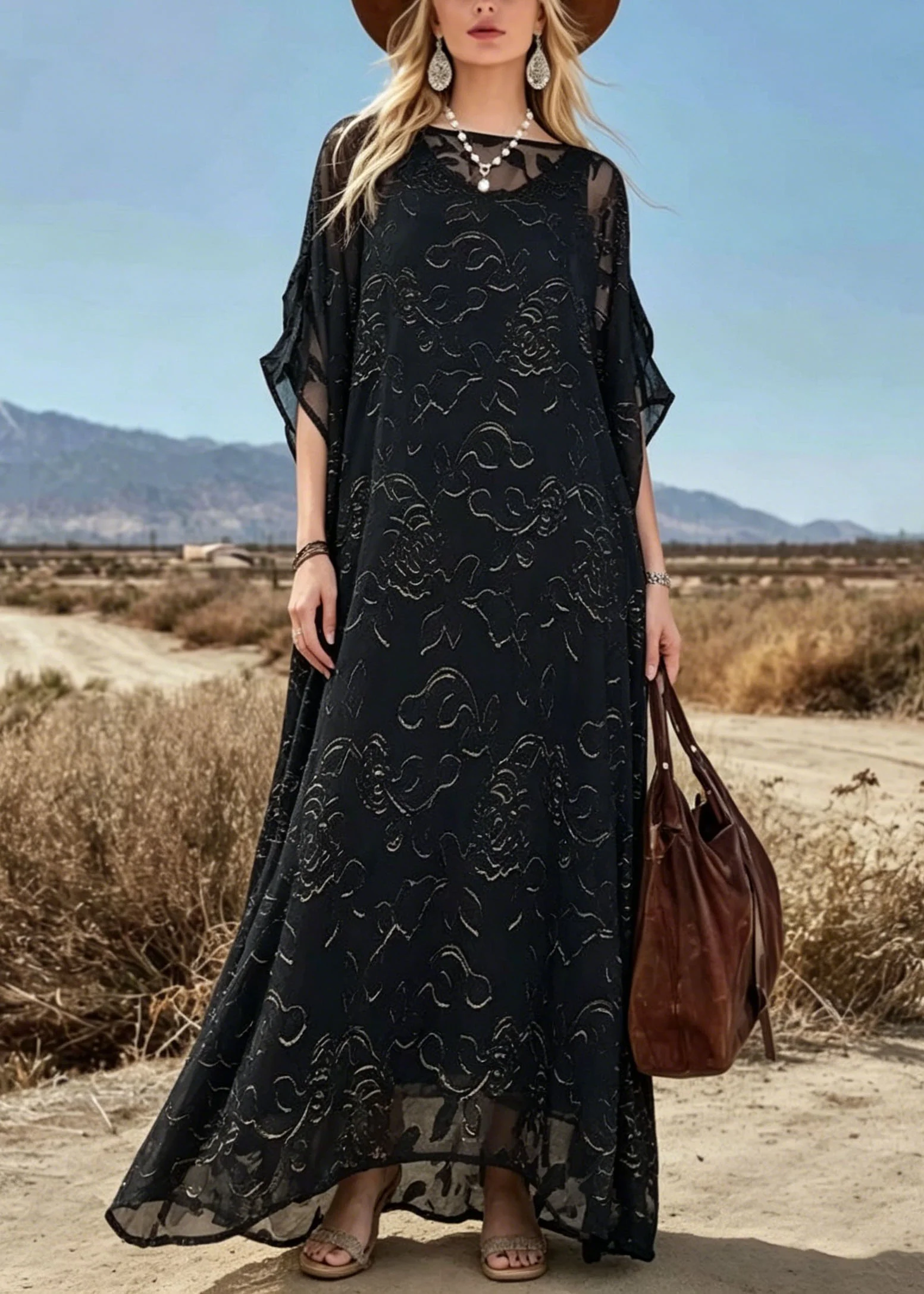Loose Black O Neck Print Chiffon Maxi Dresses Summer - Image 5
