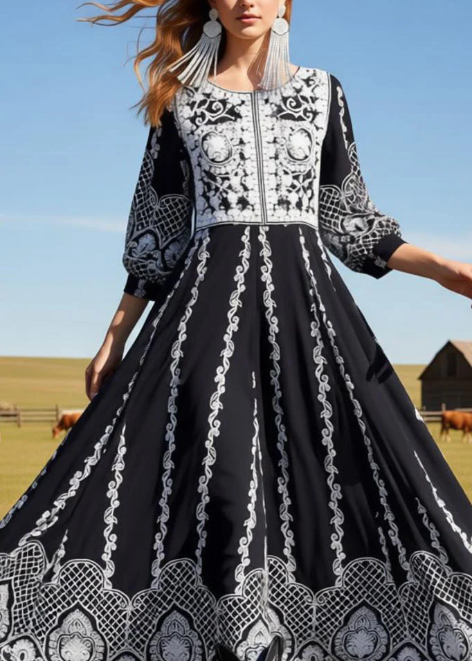 Loose Black O Neck Print Exra Large Hem Cotton Dress Summer - Image 2
