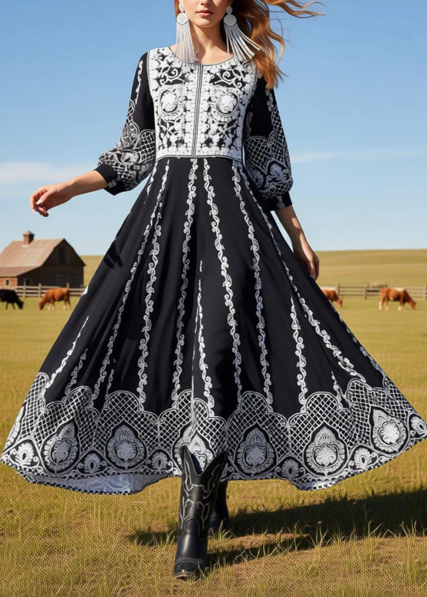 Loose Black O Neck Print Exra Large Hem Cotton Dress Summer - Image 3