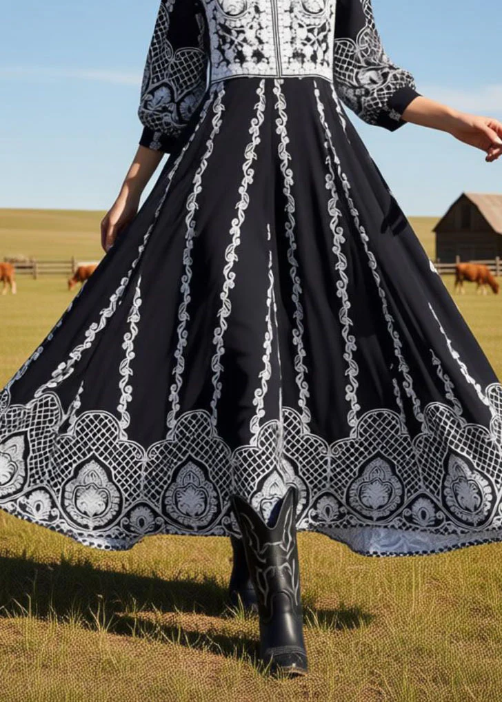 Loose Black O Neck Print Exra Large Hem Cotton Dress Summer - Image 4