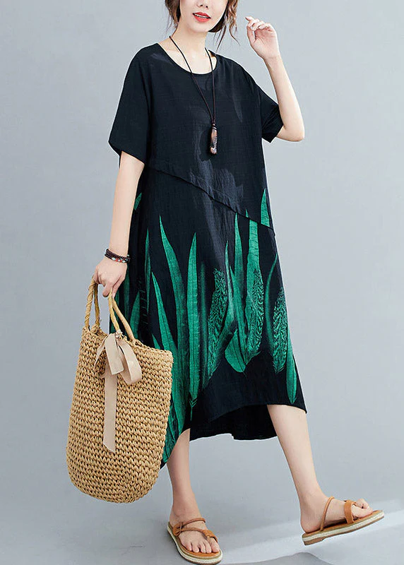 Loose Black O-Neck Print Linen Maxi Dress Short Sleeve - Image 2