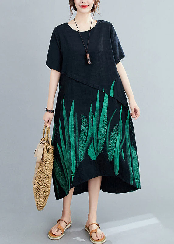Loose Black O-Neck Print Linen Maxi Dress Short Sleeve - Image 3