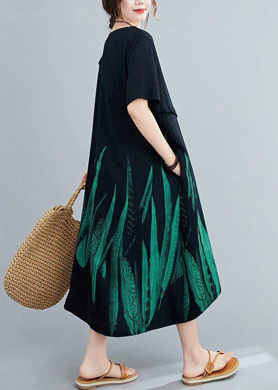 Loose Black O-Neck Print Linen Maxi Dress Short Sleeve - Image 4
