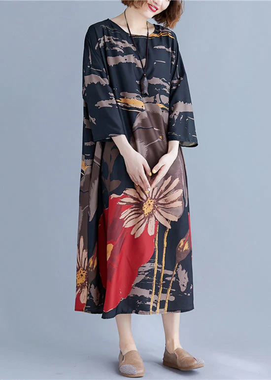 Loose Black O-Neck Print Maxi Dress Long Sleeve - Image 3