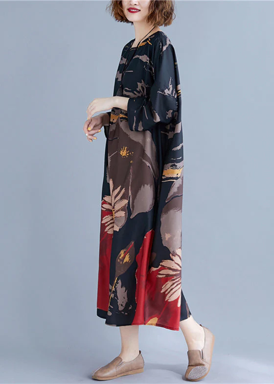 Loose Black O-Neck Print Maxi Dress Long Sleeve - Image 4
