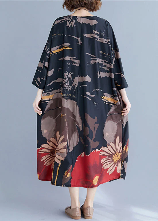 Loose Black O-Neck Print Maxi Dress Long Sleeve - Image 5